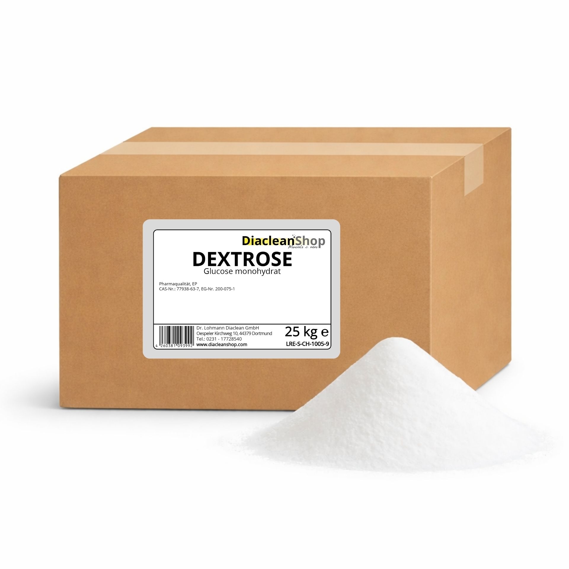 Brauner Karton mit Etikett „Dextrose 25 kg“ vom Diacleanshop_ daneben ein weisser Pulverhaufen auf weissem Hintergrund