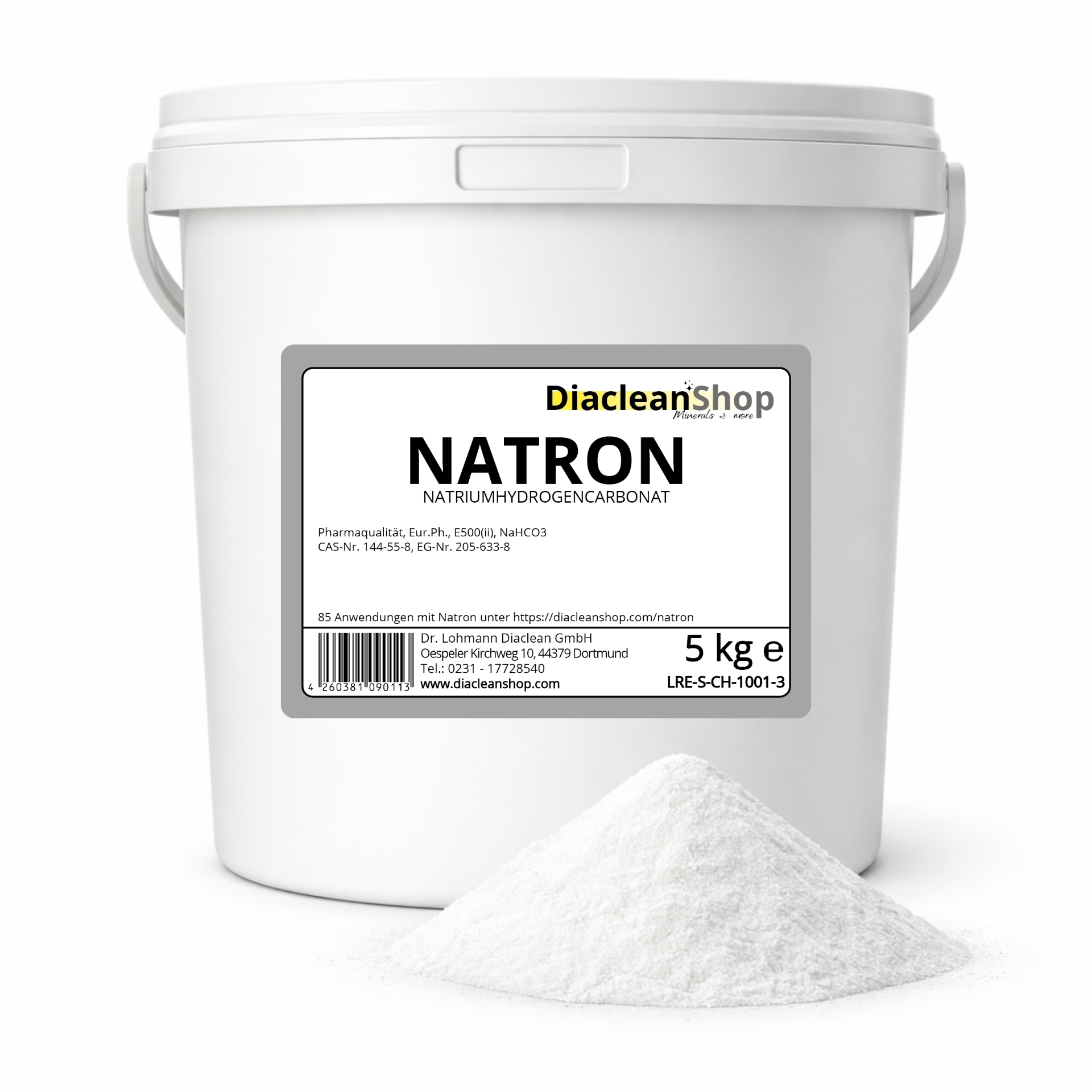 Natron 5 kg im weissen Eimer mit Diacleanshop Etikett und weissem Natronpulver davor