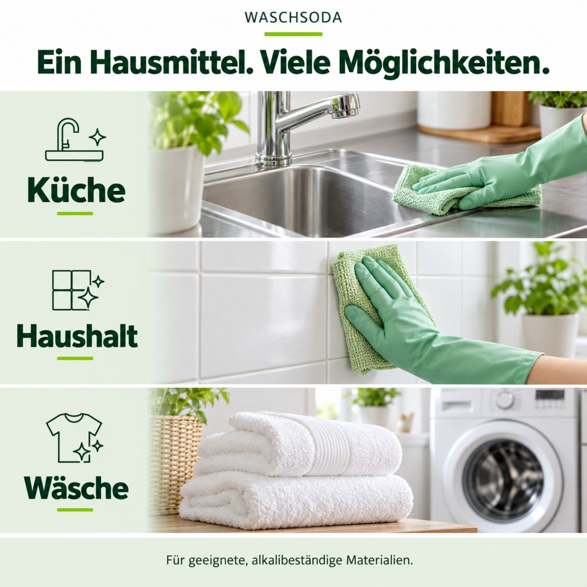 Waschsoda mit dargestellten Anwendungsmoeglichkeiten fuer Kueche_ Haushalt und Waesche