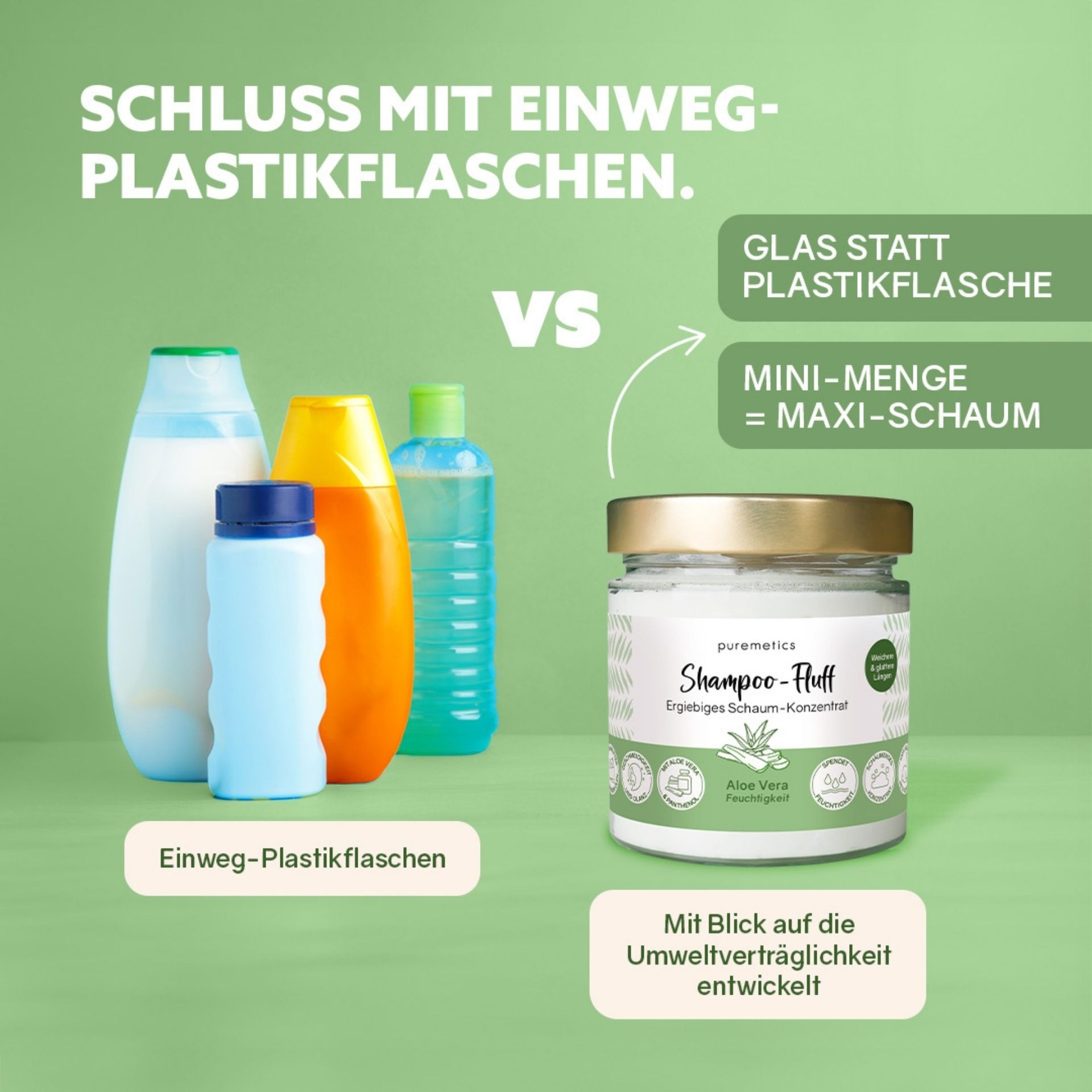 Vergleich zwischen Einweg-Plastikflaschen und Shampoo-Fluff im umweltfreundlichen Glas