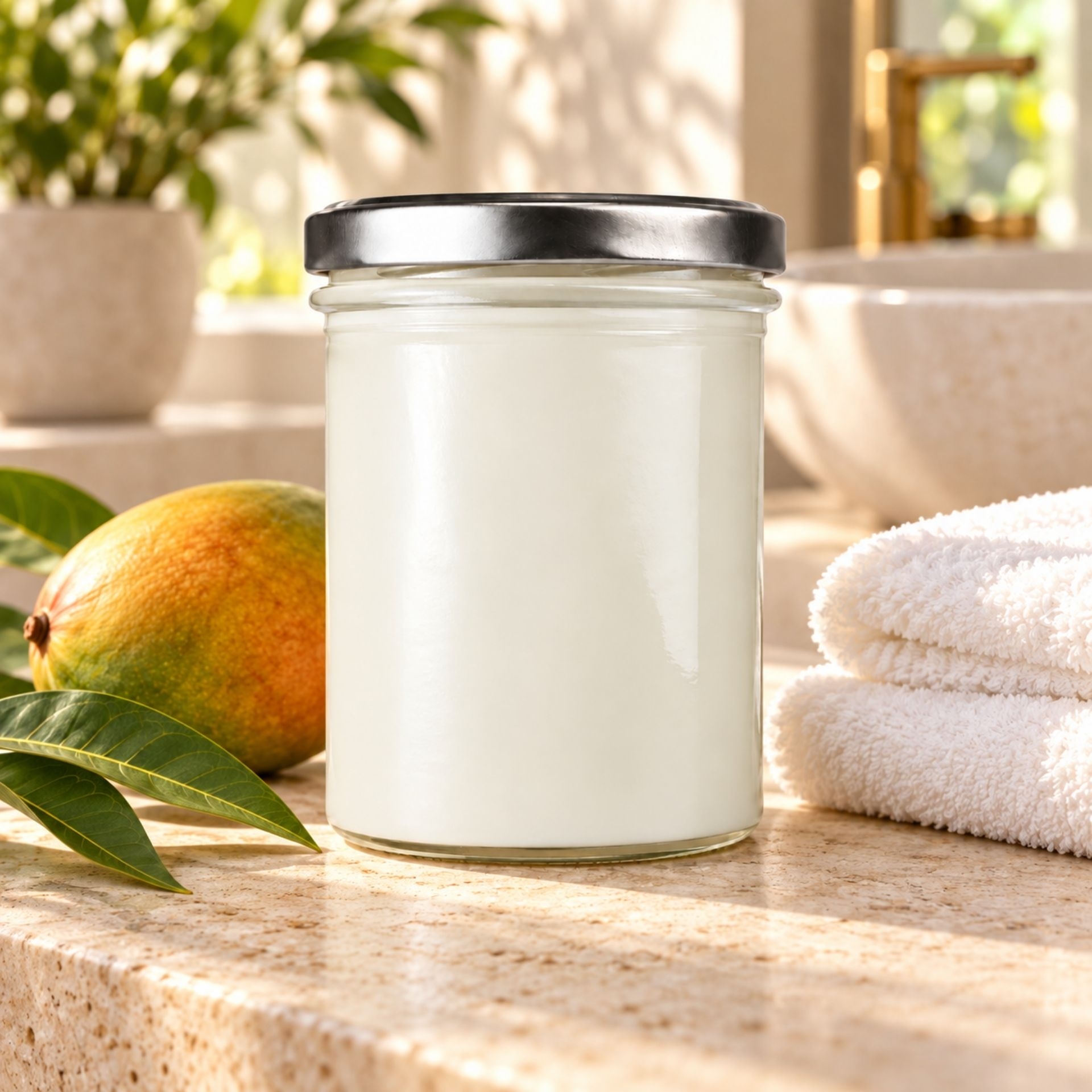 Bio Mangobutter 350 ml im Glas mit Mango_ gruenen Blaettern und Handtuechern im Badezimmer