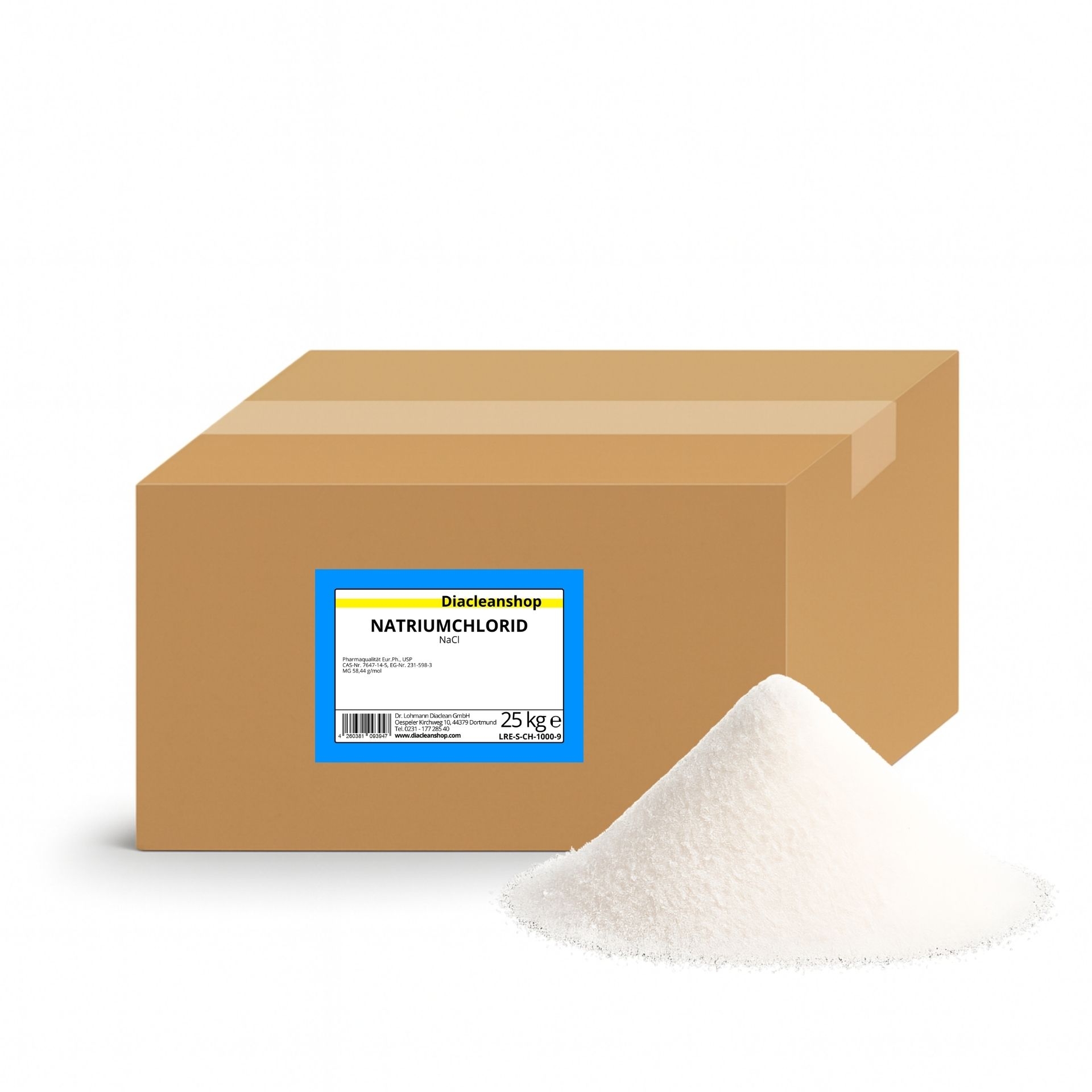 Brauner Karton mit Etikett „Natriumchlorid 25 kg“ vom Diacleanshop_ daneben ein weisser Salzhaufen auf weissem Hintergrund