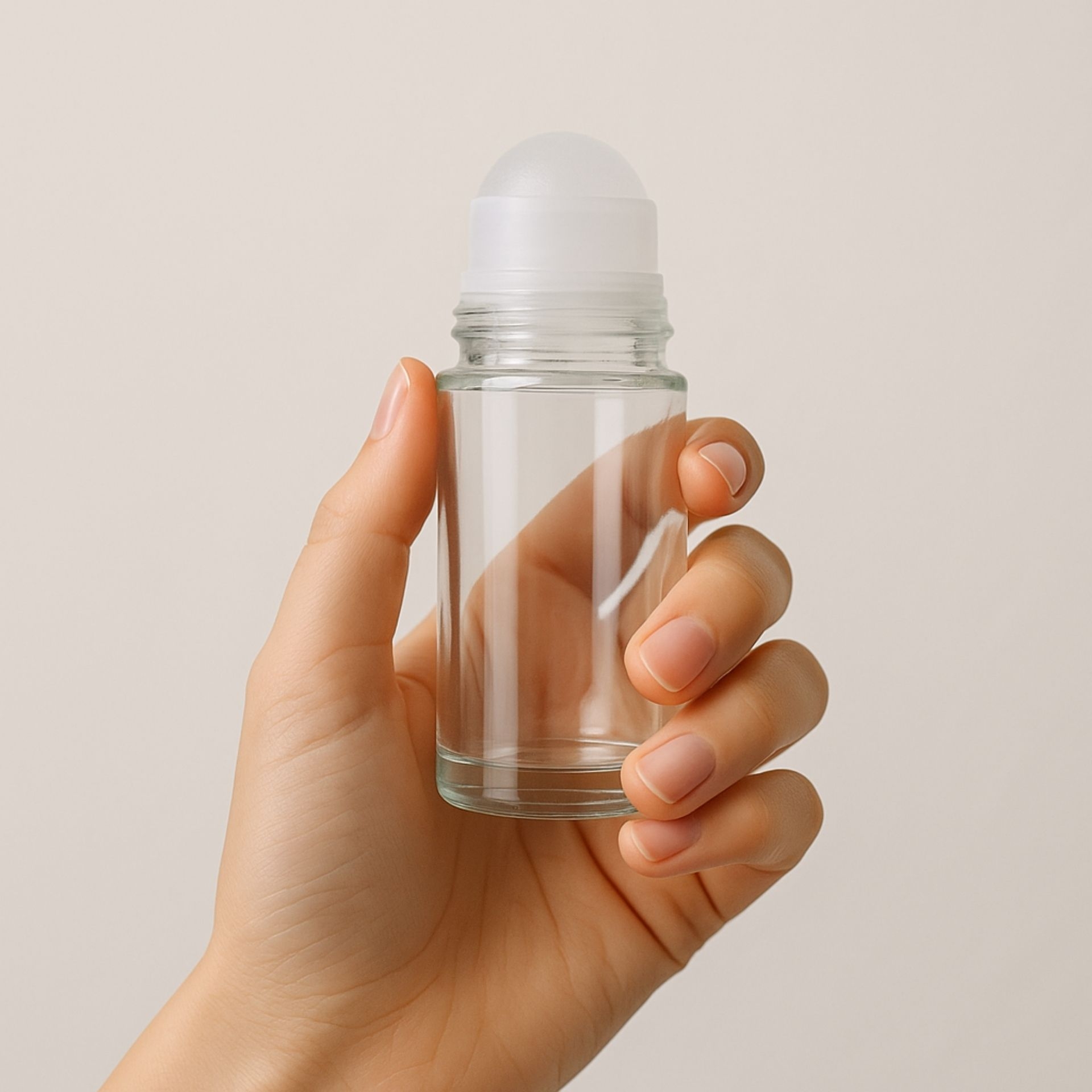 Hand haelt einen leeren 50ml Deoroller aus Glas mit weissem Aufsatz_ geeignet zum selbst Befuellen mit eigener Deocreme oder Fluessigkeit