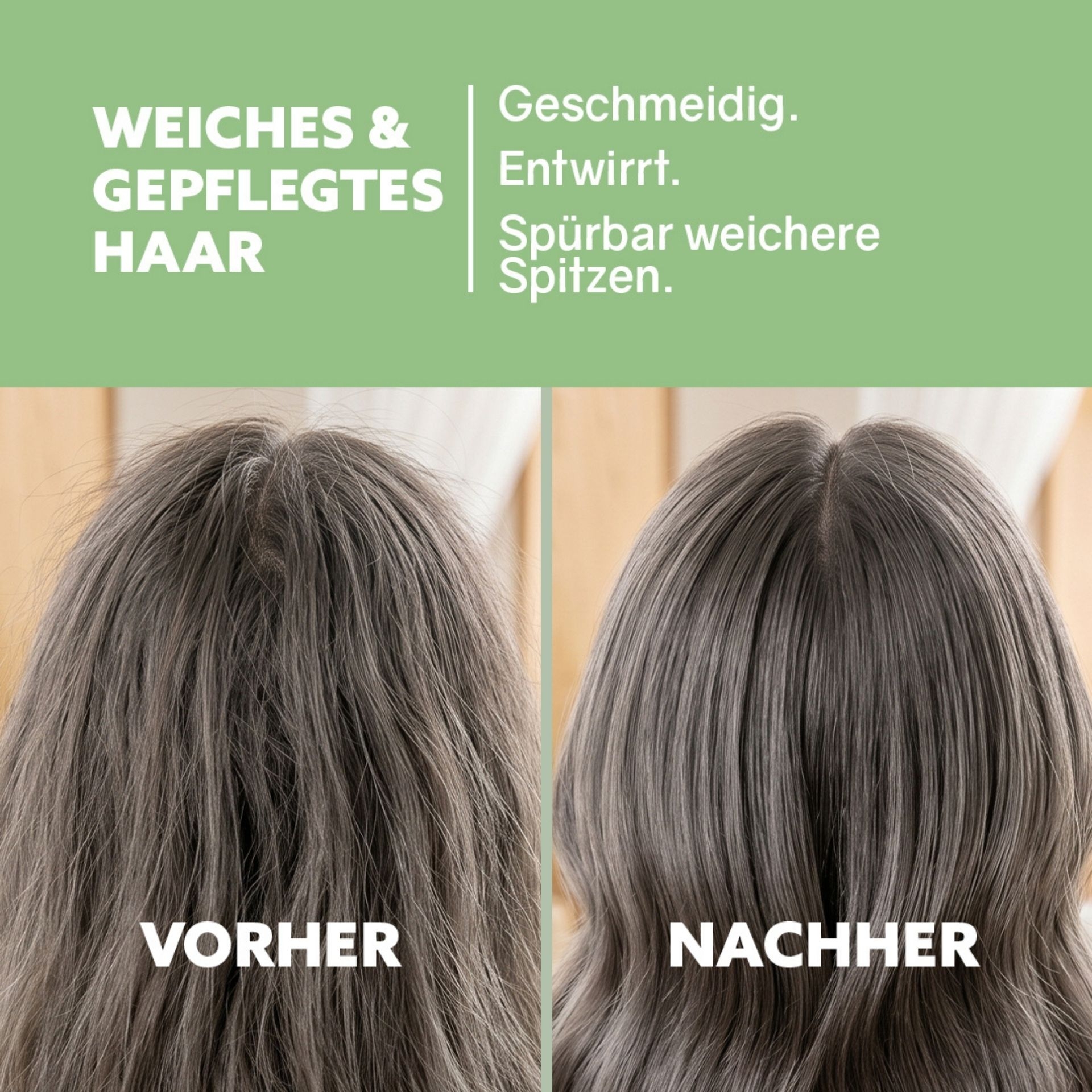 Vorher-Nachher Vergleich von Haaren nach Anwendung der Aloe Vera Conditioner-Cream