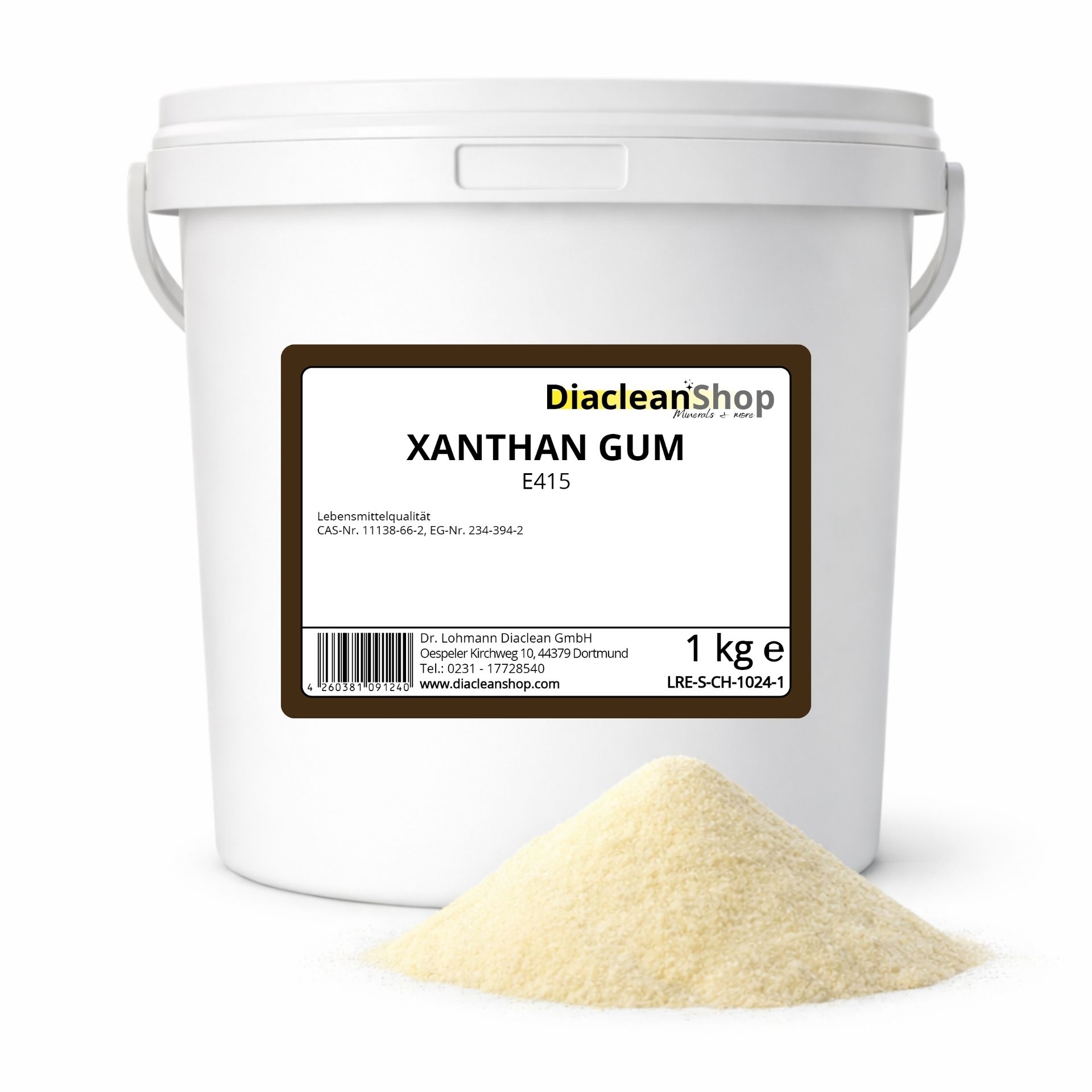 Xanthan Gum 1kg E415 in weissem Kunststoff-Eimer mit Etikett von Diacleanshop