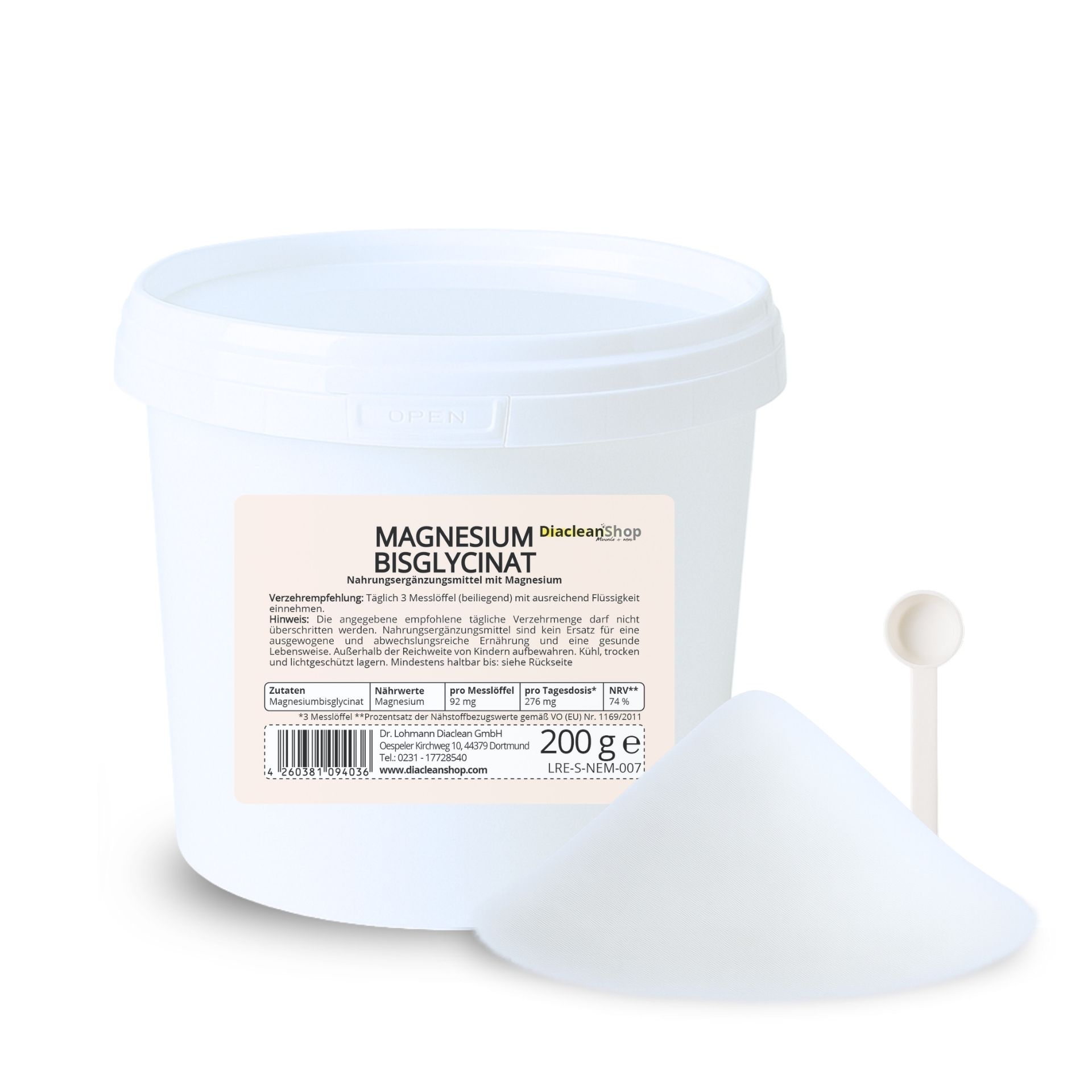 Weisser Eimer mit Etikett fuer Magnesiumbisglycinat 200g und Pulverhaufen sowie Messloeffel daneben