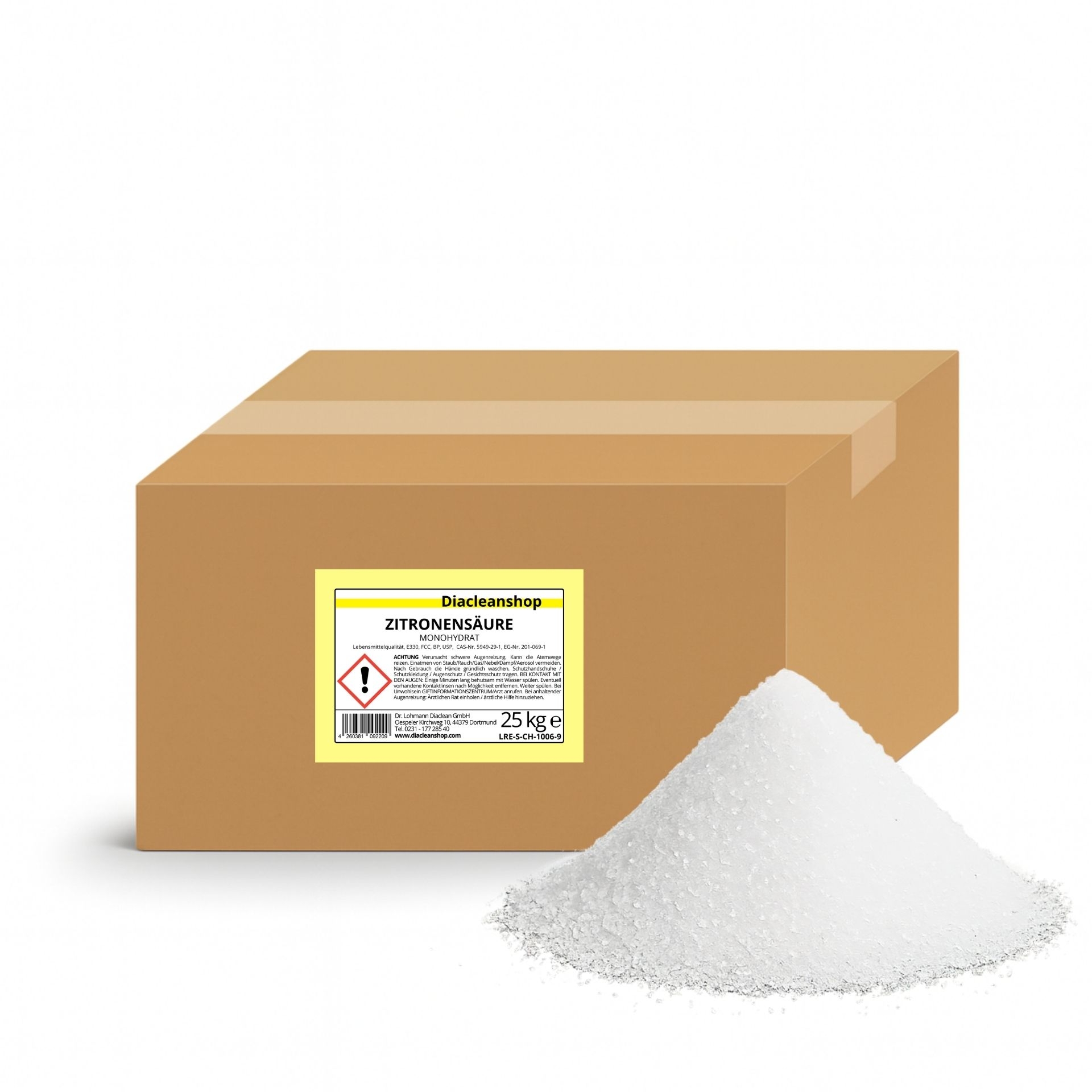 Brauner Karton mit Etikett „Zitronensaeure 25 kg“ vom Diacleanshop_ daneben ein weisser kristalliner Pulverhaufen auf weissem Hintergrund