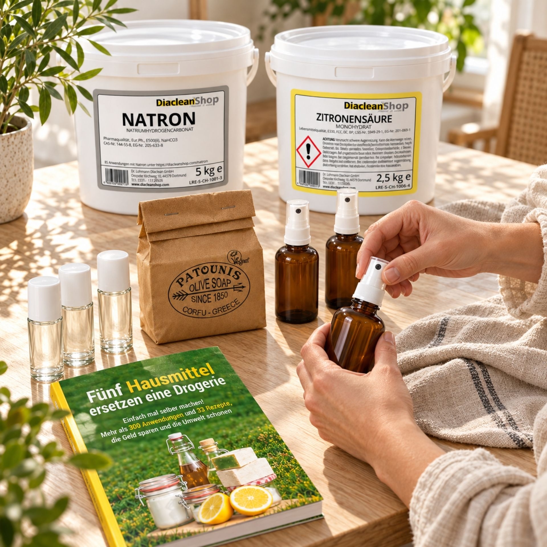 Hausmittelset mit Natron_ Zitronensaeure und Zubehoer beim Befuellen einer braunen Spruehflasche
