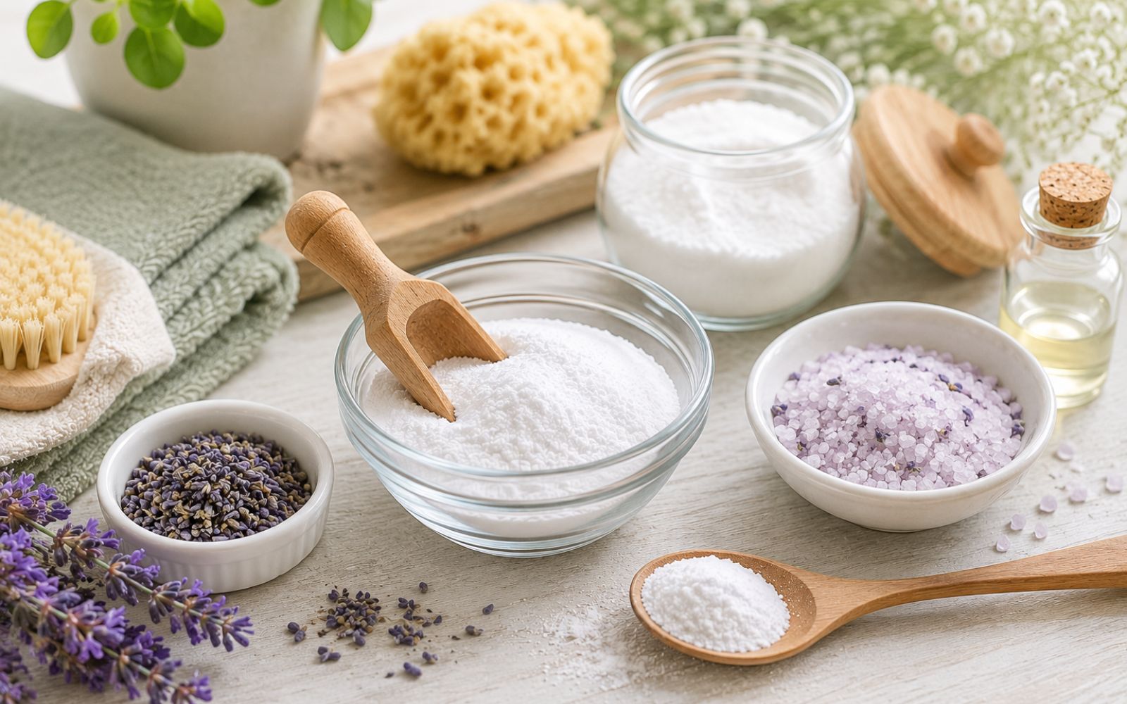 Natron für DIY Körperpflege mit Schüssel Löffel und Badezusätzen