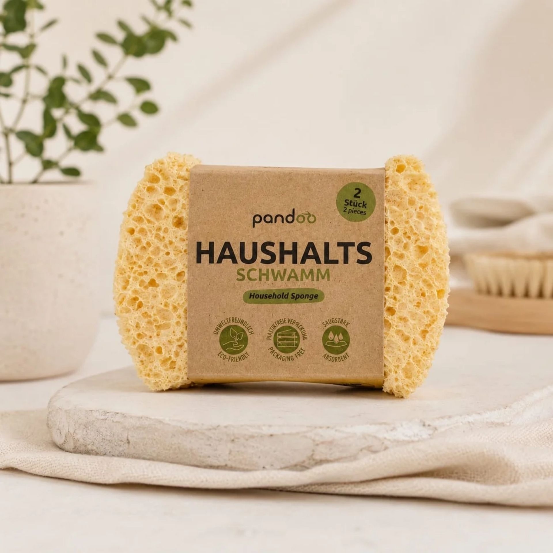 pandoo Schwammtuch 3er Set aus Zellulose und Baumwolle mit Papierbanderole