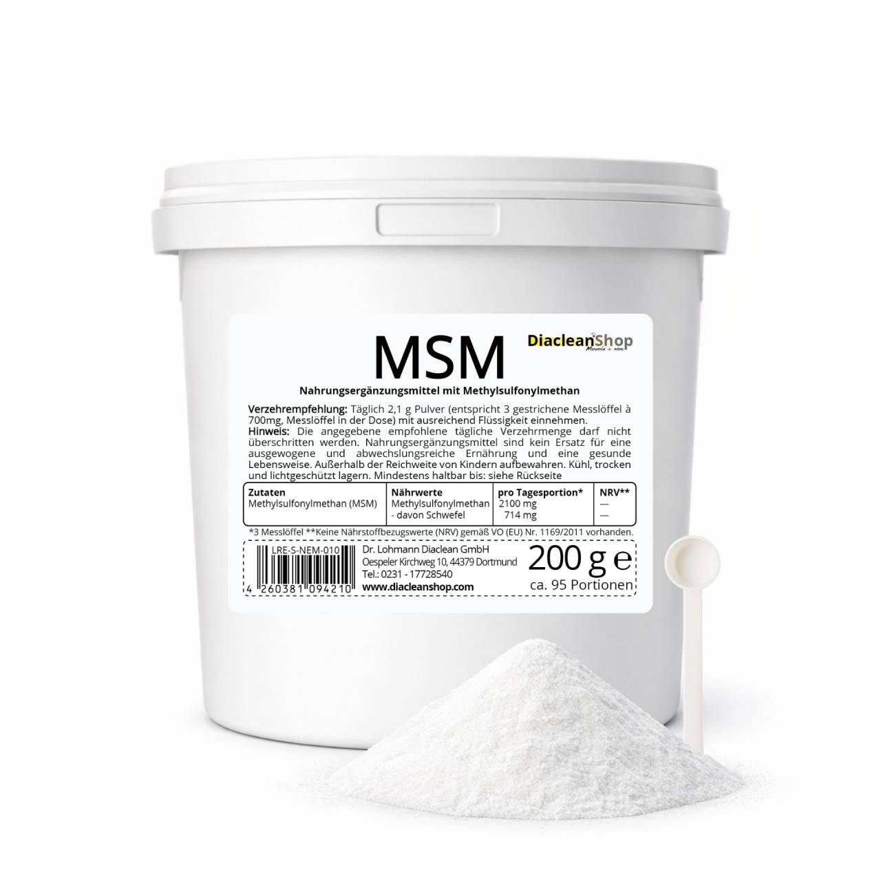 MSM Pulver 200 g im weißen Eimer mit Pulver und Messlöffel