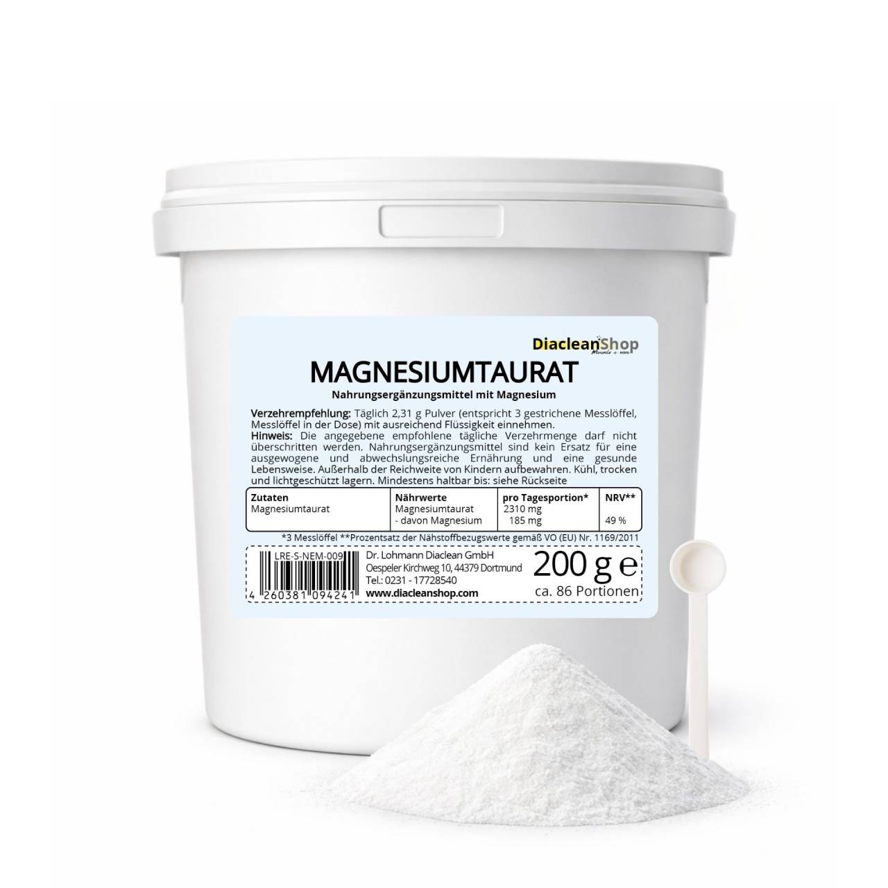 Magnesiumtaurat 200 g im weißen Eimer mit Pulver und Messlöffel